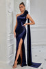 Laden Sie das Bild in den Galerie-Viewer, Marineblau Eine Schulter Meerjungfrau Geraffte Lange Ballkleid mit 3D Blume