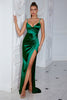 Laden Sie das Bild in den Galerie-Viewer, Dunkelgrün Geraffte Spaghettiträger Lange Ballkleid mit Schlitz