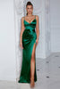 Laden Sie das Bild in den Galerie-Viewer, Dunkelgrün Geraffte Spaghettiträger Lange Ballkleid mit Schlitz