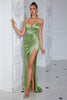 Laden Sie das Bild in den Galerie-Viewer, Dunkelgrün Geraffte Spaghettiträger Lange Ballkleid mit Schlitz