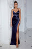 Laden Sie das Bild in den Galerie-Viewer, Dunkelgrün Geraffte Spaghettiträger Lange Ballkleid mit Schlitz