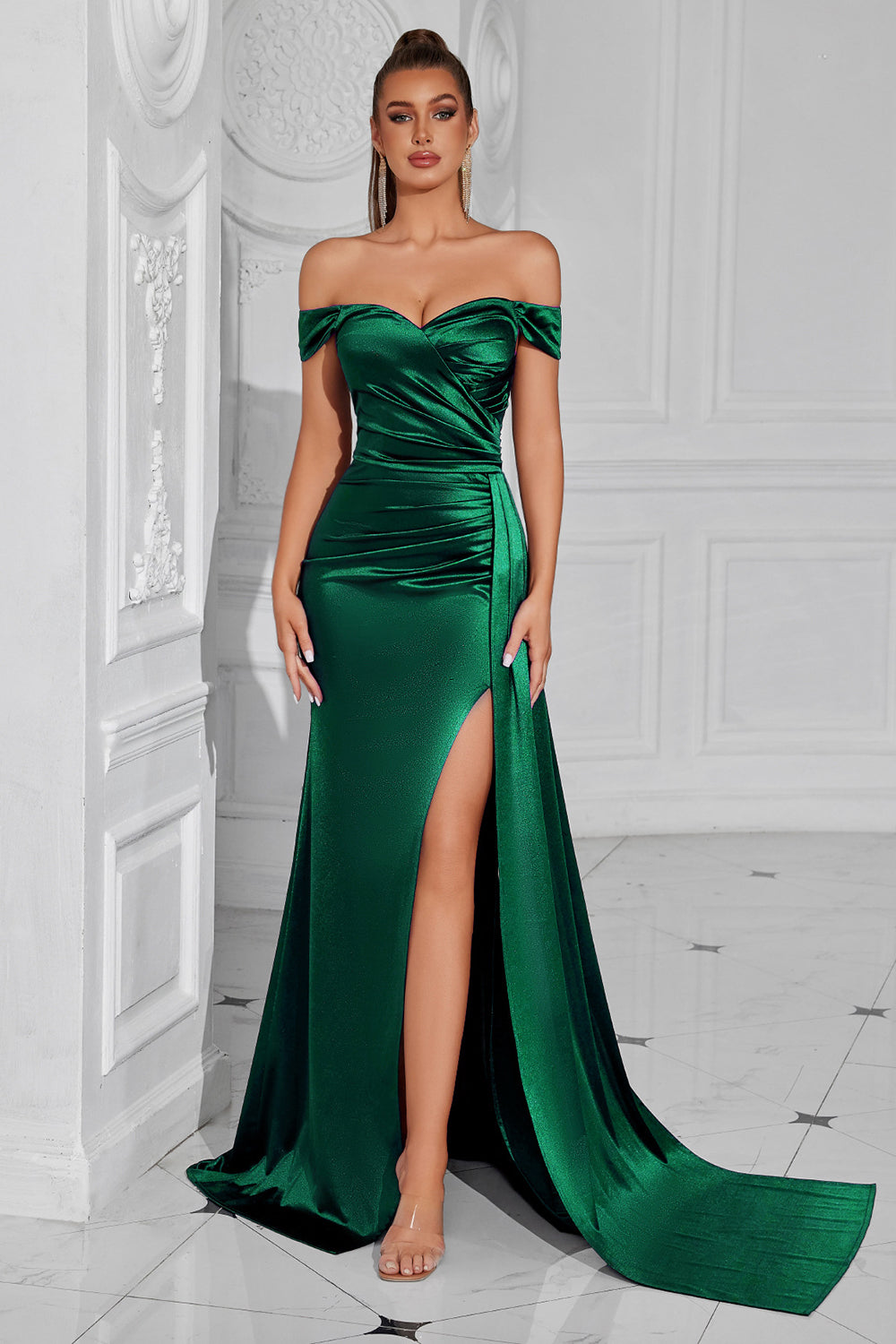 Dunkelgrün Meerjungfrau Schulterfreie Geraffte Lange Ballkleid mit Schlitz