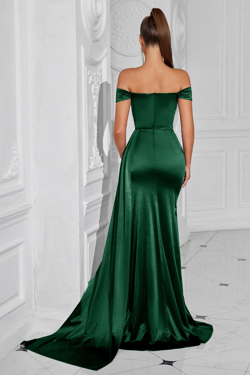 Laden Sie das Bild in den Galerie-Viewer, Dunkelgrün Meerjungfrau Schulterfreie Geraffte Lange Ballkleid mit Schlitz