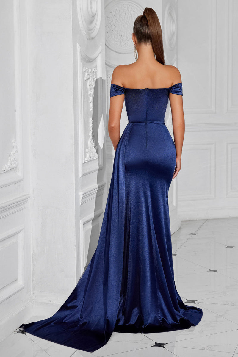 Laden Sie das Bild in den Galerie-Viewer, Dunkelgrün Meerjungfrau Schulterfreie Geraffte Lange Ballkleid mit Schlitz