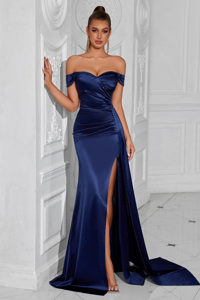 Laden Sie das Bild in den Galerie-Viewer, Dunkelgrün Meerjungfrau Schulterfreie Geraffte Lange Ballkleid mit Schlitz