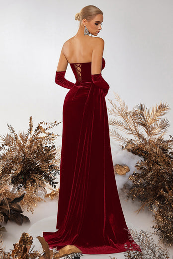 Schwarz Samt Sheath Trägerlos Geraffte Lange Korsett Ballkleid mit Schlitz