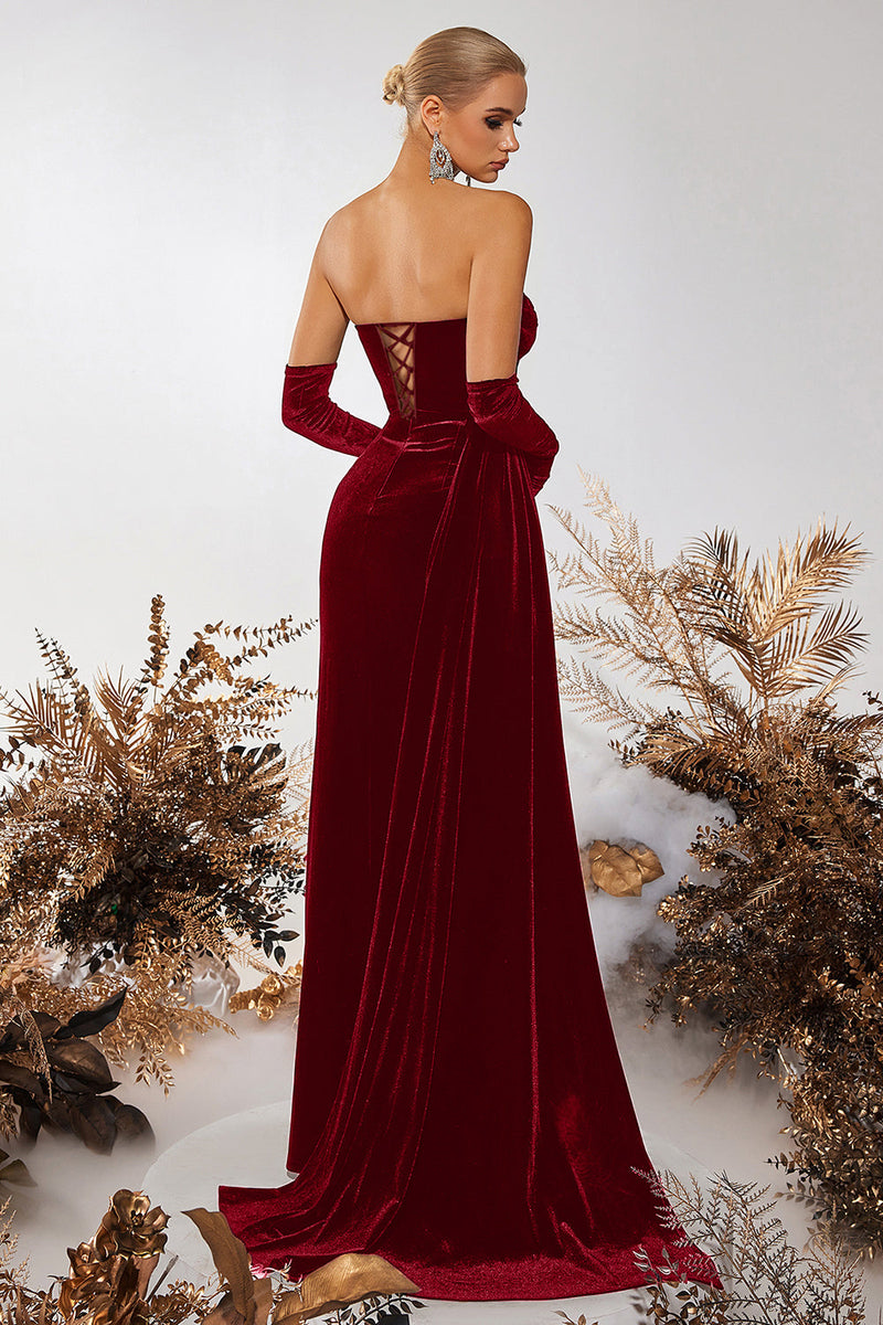 Laden Sie das Bild in den Galerie-Viewer, Schwarz Samt Sheath Trägerlos Geraffte Lange Korsett Ballkleid mit Schlitz