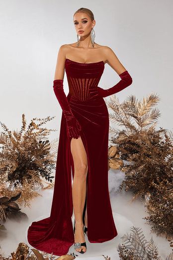 Schwarz Samt Sheath Trägerlos Geraffte Lange Korsett Ballkleid mit Schlitz