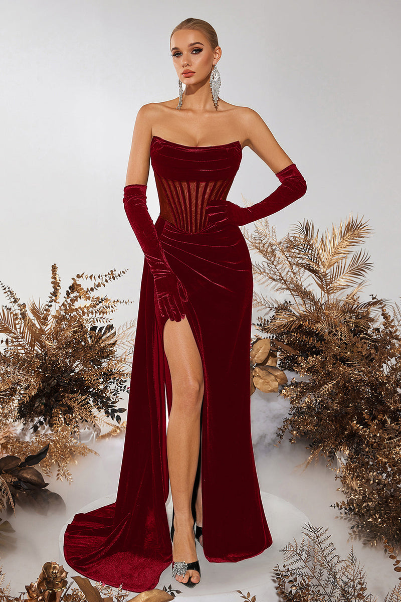 Laden Sie das Bild in den Galerie-Viewer, Schwarz Samt Sheath Trägerlos Geraffte Lange Korsett Ballkleid mit Schlitz