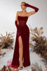Laden Sie das Bild in den Galerie-Viewer, Schwarz Samt Sheath Trägerlos Geraffte Lange Korsett Ballkleid mit Schlitz