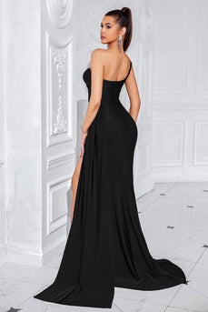 Schwarz Meerjungfrau Eine Schulter Geraffte Lange Ballkleid mit Schlitz