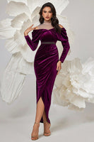 Laden Sie das Bild in den Galerie-Viewer, Dunkel Lila Samt Bodycon Hohem Kragen Geraffte Lange Ärmel Ballkleid