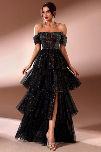 Glitzer Schwarz A Linie KrawatteRot Schulterfreie Lange Ballkleid mit Schlitz