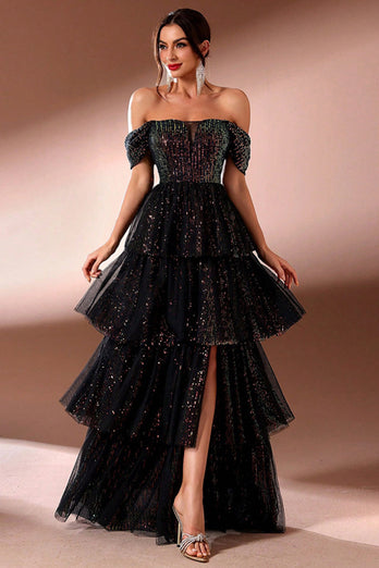Glitzer Schwarz A Linie KrawatteRot Schulterfreie Lange Ballkleid mit Schlitz