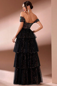 Glitzer Schwarz A Linie KrawatteRot Schulterfreie Lange Ballkleid mit Schlitz