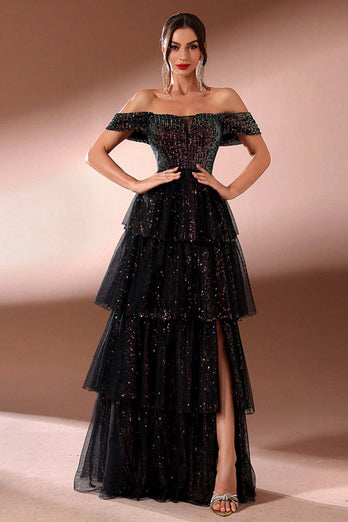 Glitzer Schwarz A Linie KrawatteRot Schulterfreie Lange Ballkleid mit Schlitz