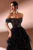 Laden Sie das Bild in den Galerie-Viewer, Glitzer Schwarz A Linie KrawatteRot Schulterfreie Lange Ballkleid mit Schlitz