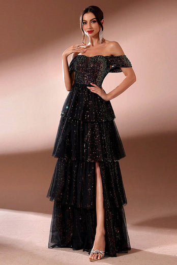 Glitzer Schwarz A Linie KrawatteRot Schulterfreie Lange Ballkleid mit Schlitz