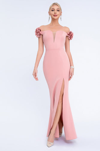 Rosa Meerjungfrau Schulterfreie Lange Ballkleid mit 3D Blume