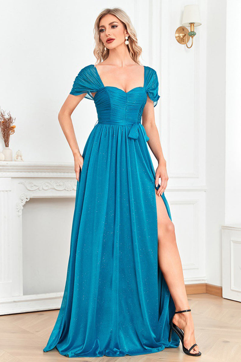 Laden Sie das Bild in den Galerie-Viewer, Blau A Linie Herz-Ausschnitt Geraffte Zierband Lange Ballkleid mit Schlitz