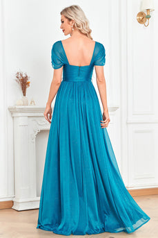 Blau A Linie Herz-Ausschnitt Geraffte Zierband Lange Ballkleid mit Schlitz
