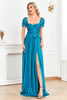 Laden Sie das Bild in den Galerie-Viewer, Blau A Linie Herz-Ausschnitt Geraffte Zierband Lange Ballkleid mit Schlitz