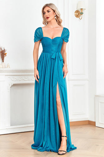 Blau A Linie Herz-Ausschnitt Geraffte Zierband Lange Ballkleid mit Schlitz