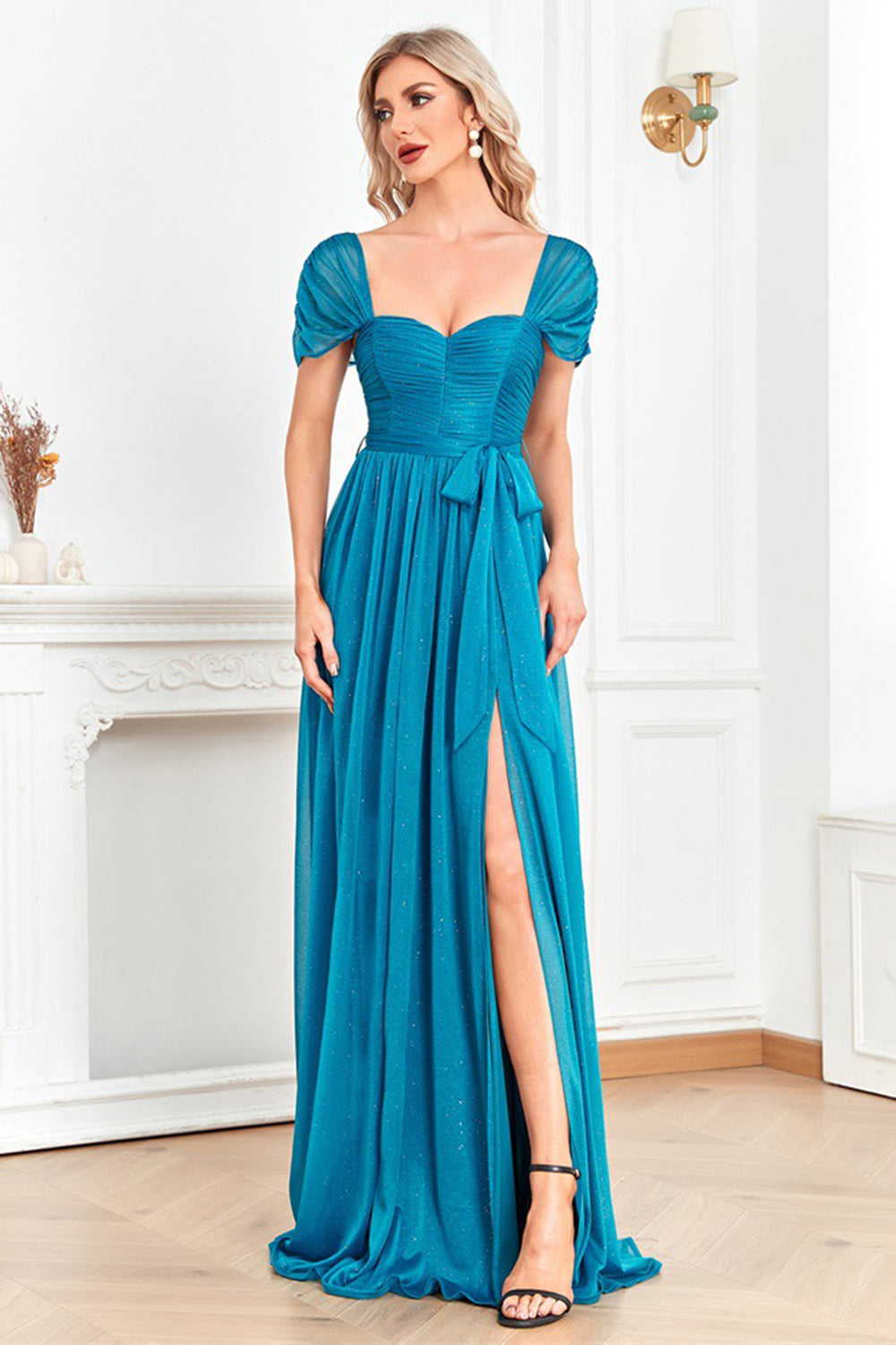 Blau A Linie Herz-Ausschnitt Geraffte Zierband Lange Ballkleid mit Schlitz