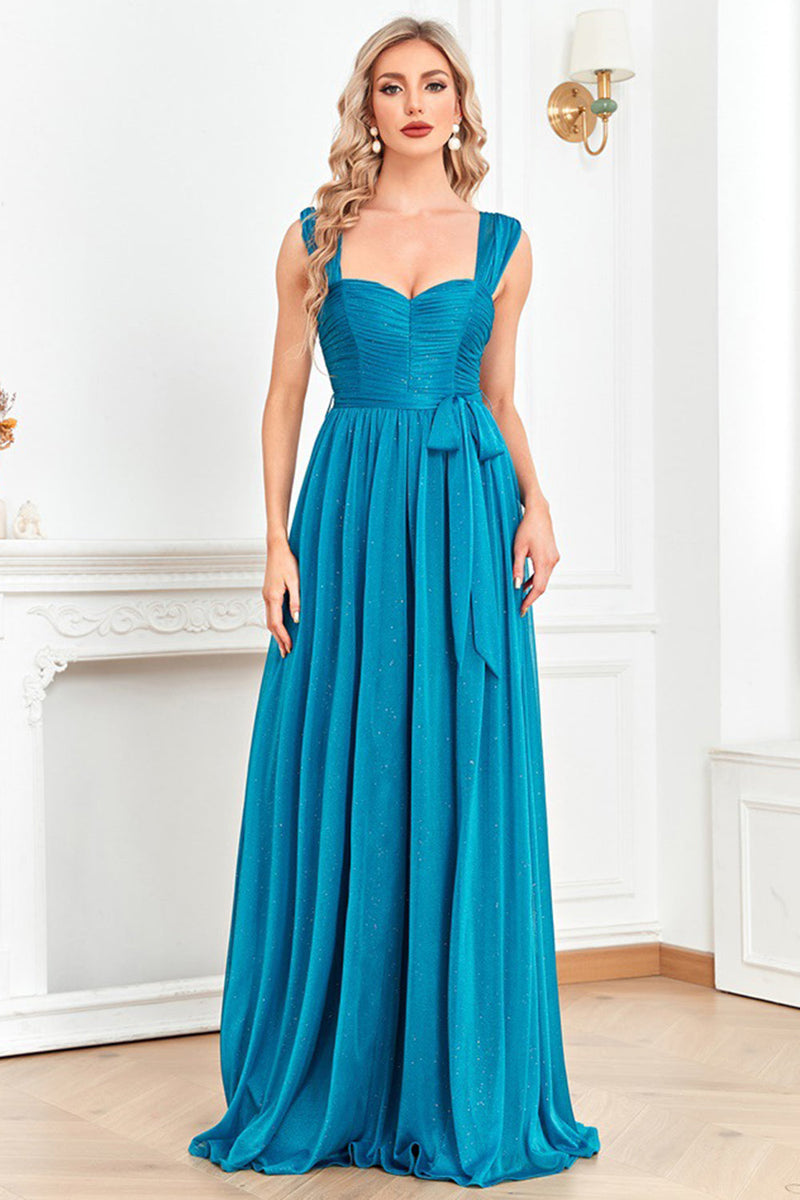 Laden Sie das Bild in den Galerie-Viewer, Blau A Linie Herz-Ausschnitt Geraffte Zierband Lange Ballkleid mit Schlitz