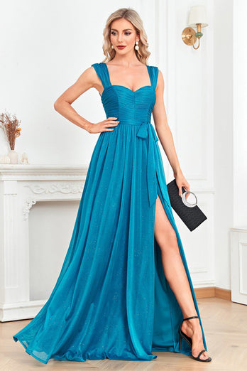 Blau A Linie Herz-Ausschnitt Geraffte Zierband Lange Ballkleid mit Schlitz