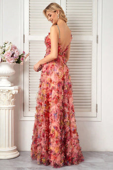 Blumen Rosa A Linie Spaghettiträger Lange Ballkleid mit Rüschen