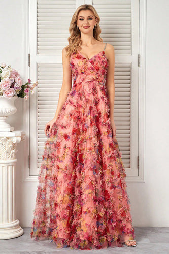 Blumen Rosa A Linie Spaghettiträger Lange Ballkleid mit Rüschen