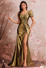 Laden Sie das Bild in den Galerie-Viewer, Golden Metallic Meerjungfrau Eine Schulter Geraffte Lange Ballkleid mit Schlitz