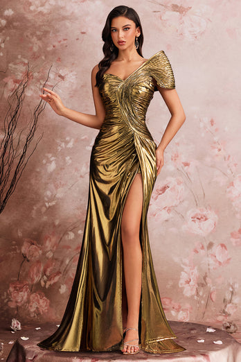 Golden Metallic Meerjungfrau Eine Schulter Geraffte Lange Ballkleid mit Schlitz