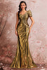 Laden Sie das Bild in den Galerie-Viewer, Golden Metallic Meerjungfrau Eine Schulter Geraffte Lange Ballkleid mit Schlitz