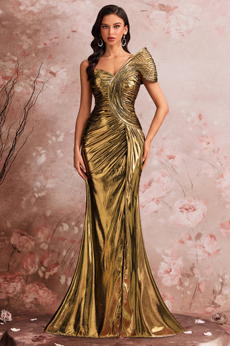 Golden Metallic Meerjungfrau Eine Schulter Geraffte Lange Ballkleid mit Schlitz