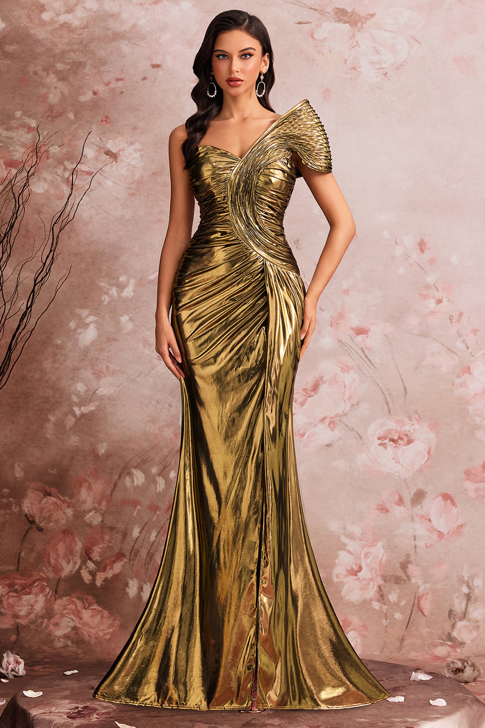 Golden Metallic Meerjungfrau Eine Schulter Geraffte Lange Ballkleid mit Schlitz