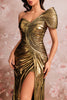 Laden Sie das Bild in den Galerie-Viewer, Golden Metallic Meerjungfrau Eine Schulter Geraffte Lange Ballkleid mit Schlitz