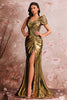 Laden Sie das Bild in den Galerie-Viewer, Golden Metallic Meerjungfrau Eine Schulter Geraffte Lange Ballkleid mit Schlitz