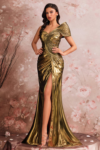 Golden Metallic Meerjungfrau Eine Schulter Geraffte Lange Ballkleid mit Schlitz