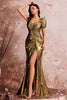 Laden Sie das Bild in den Galerie-Viewer, Golden Metallic Meerjungfrau Eine Schulter Geraffte Lange Ballkleid mit Schlitz