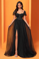 Laden Sie das Bild in den Galerie-Viewer, Schwarz A Linie Tulle Lange Korsett Ballkleid mit Schlitz