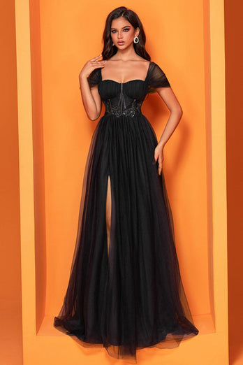 Schwarz A Linie Tulle Lange Korsett Ballkleid mit Schlitz