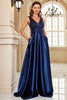 Laden Sie das Bild in den Galerie-Viewer, Glitzer Marineblau A Linie Satin V-Ausschnitt Lange Ballkleid mit Perlen