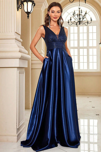 Glitzer Marineblau A Linie Satin V-Ausschnitt Lange Ballkleid mit Perlen