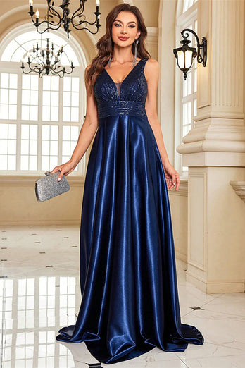 Glitzer Marineblau A Linie Satin V-Ausschnitt Lange Ballkleid mit Perlen