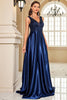 Laden Sie das Bild in den Galerie-Viewer, Glitzer Marineblau A Linie Satin V-Ausschnitt Lange Ballkleid mit Perlen