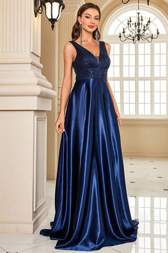 Glitzer Marineblau A Linie Satin V-Ausschnitt Lange Ballkleid mit Perlen