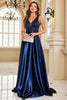 Laden Sie das Bild in den Galerie-Viewer, Glitzer Marineblau A Linie Satin V-Ausschnitt Lange Ballkleid mit Perlen