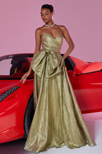 Gold Metallic Herz-Ausschnitt A Linie Lange Ballkleid mit Bogen